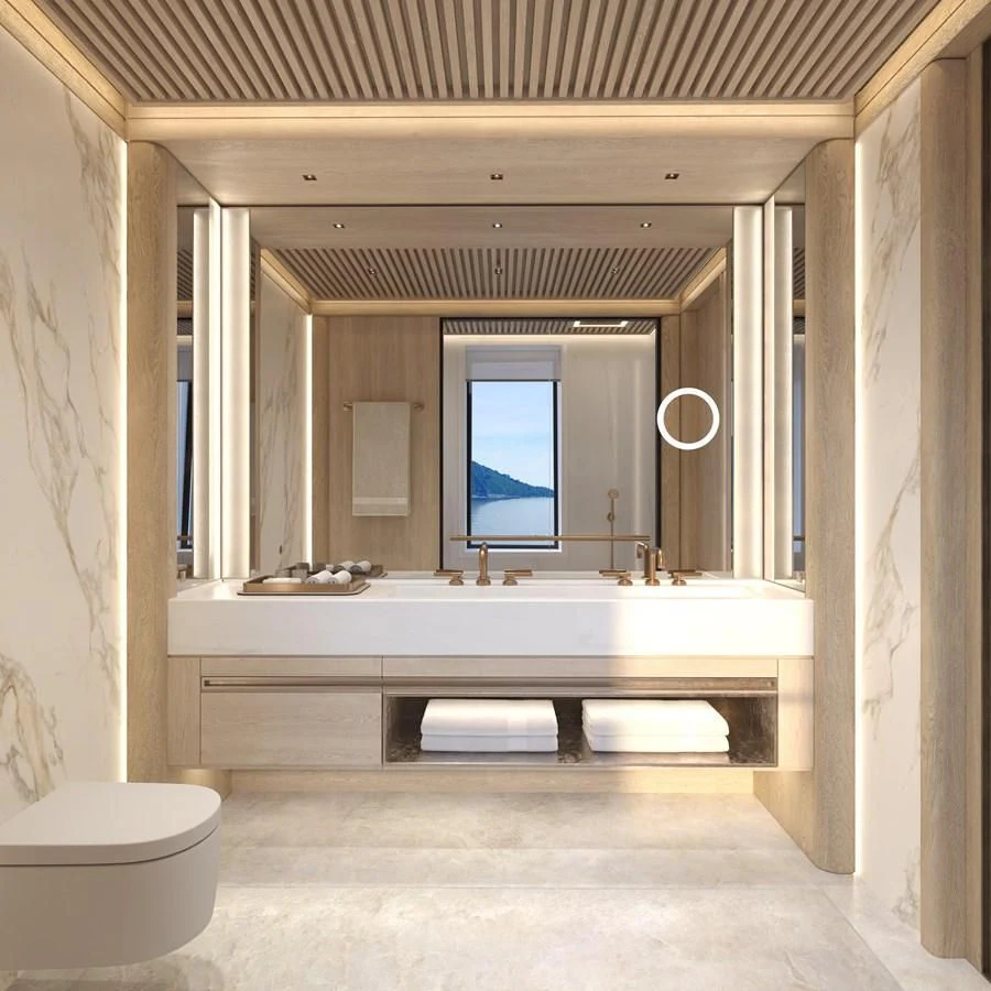 a bathroom with a large mirror aboard ICE 68 Yacht for Sale