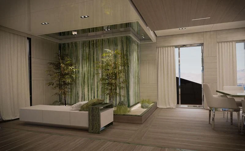 a living room with a large window aboard ICE 68 Yacht for Sale