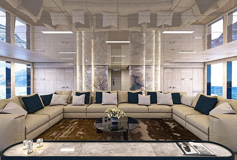 a large room with a couch and a coffee table aboard ICE 68 Yacht for Sale