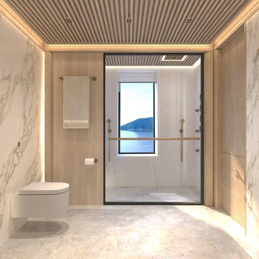 a bathroom with a glass door aboard ICE 68 Yacht for Sale