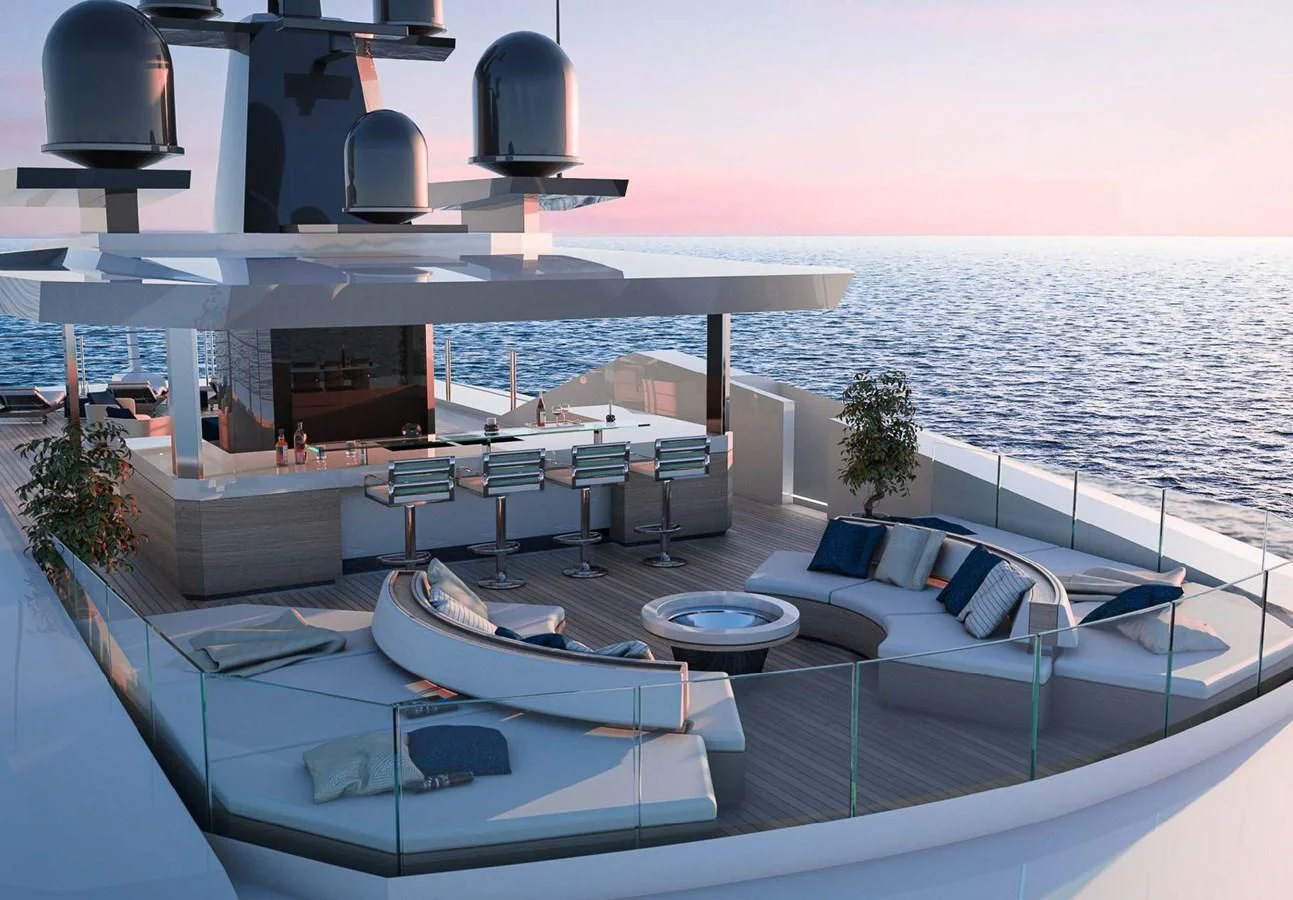 a large pool with a deck and lounge chairs on it aboard ICE 68 Yacht for Sale