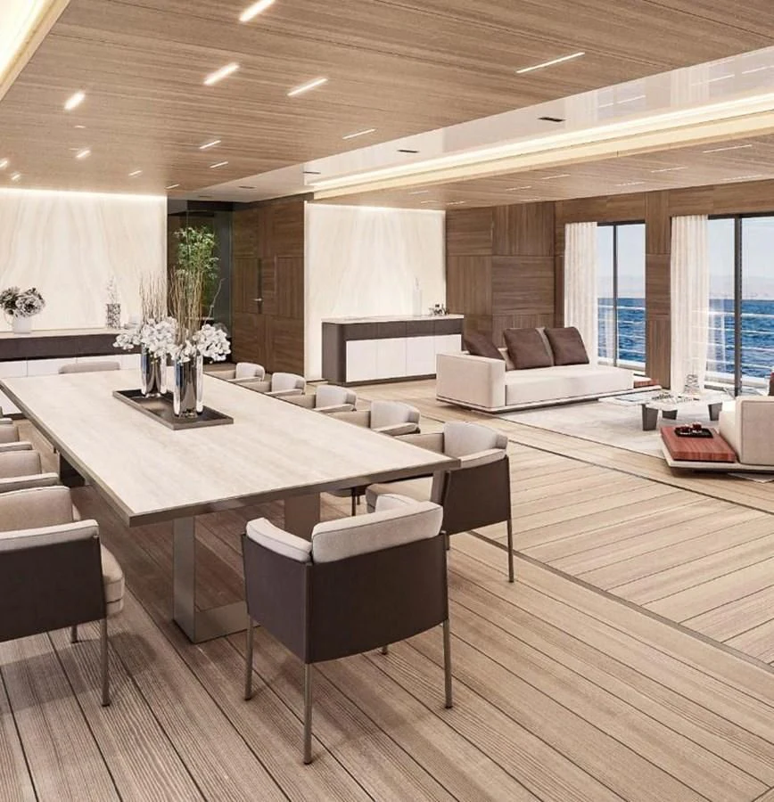 a large room with a table and chairs aboard ICE 68 Yacht for Sale