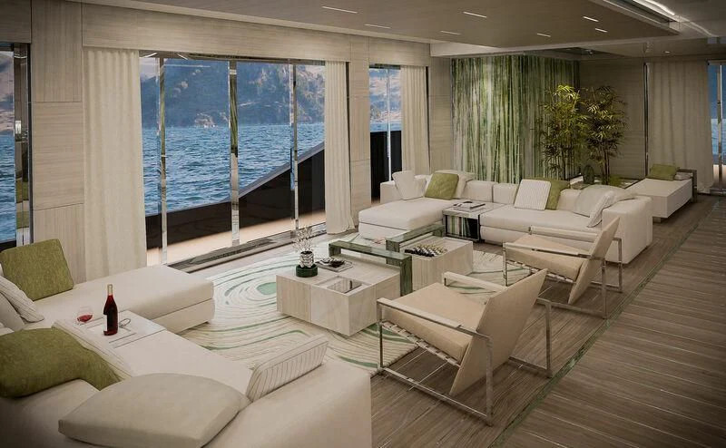 a room with a couch and a table and chairs aboard ICE 68 Yacht for Sale