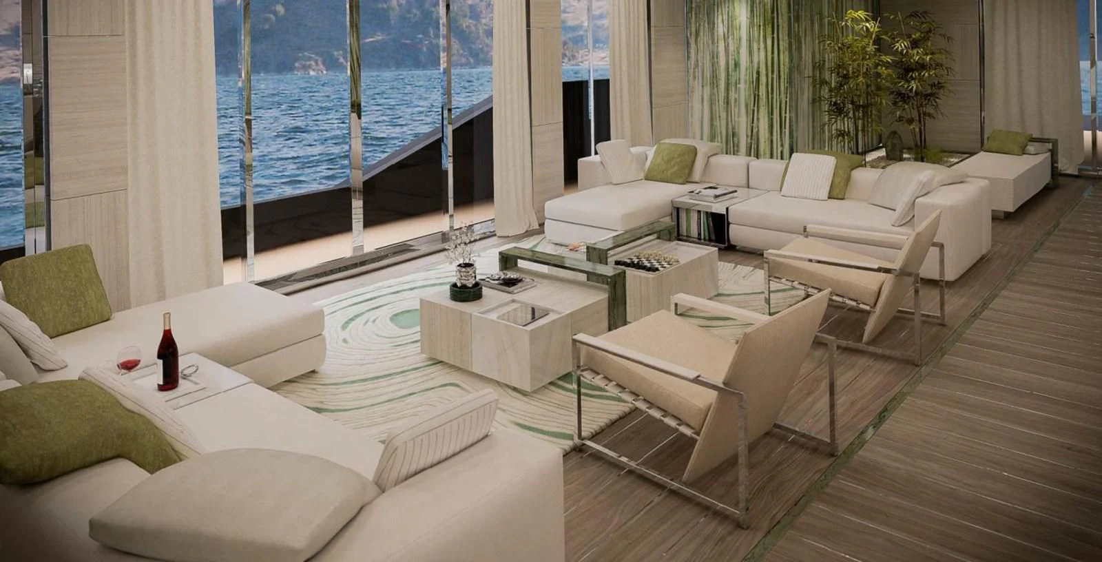 a room with a couch and a table and chairs aboard ICE 68 Yacht for Sale