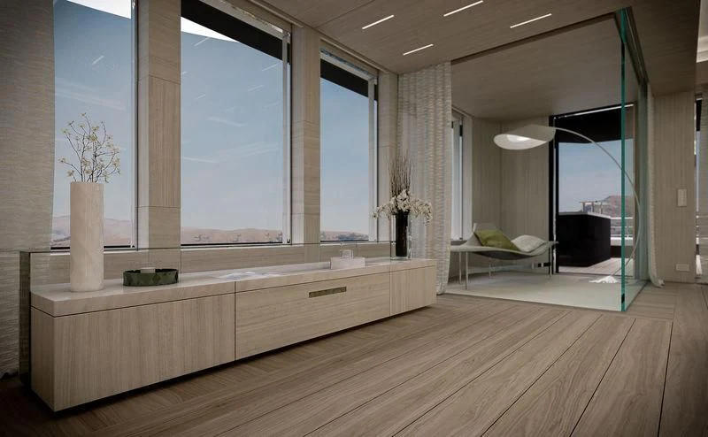 a room with a large window and a wood floor aboard ICE 68 Yacht for Sale