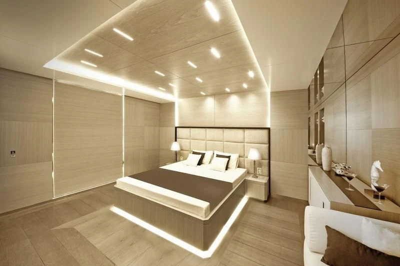 a modern bathroom with a large mirror aboard ICE 68 Yacht for Sale