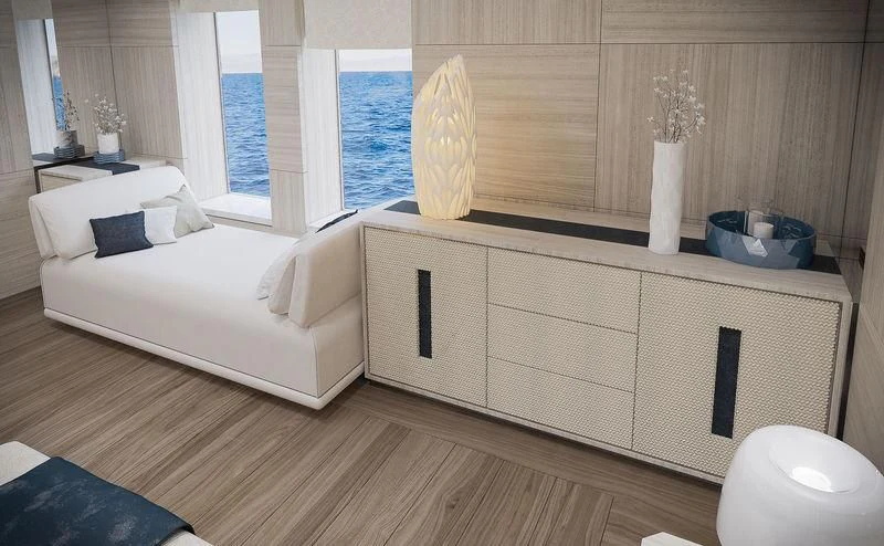 a room with a bed and a table aboard ICE 68 Yacht for Sale