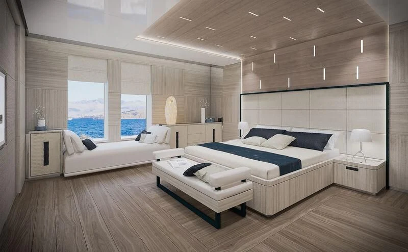 a room with a bed and a window aboard ICE 68 Yacht for Sale