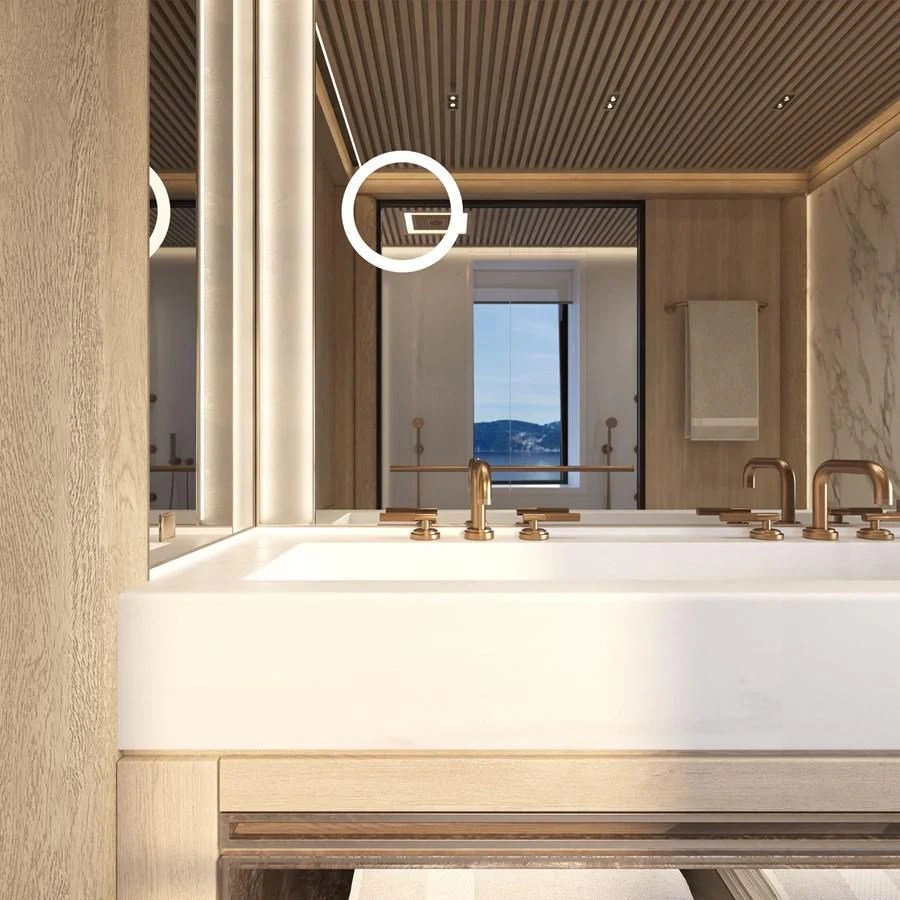 a bathroom with a bathtub and sinks aboard ICE 68 Yacht for Sale