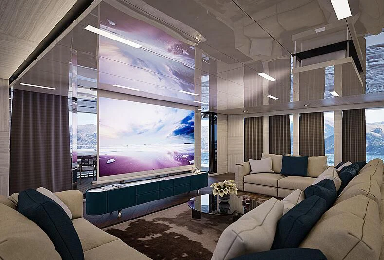 a living room with a large screen aboard ICE 68 Yacht for Sale