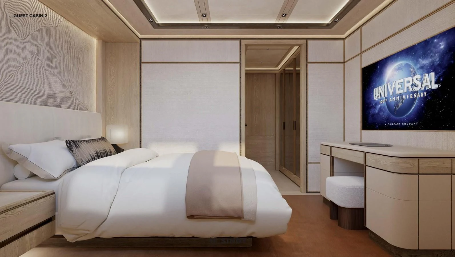 a room with a bed and a tv aboard ICE 68 Yacht for Sale