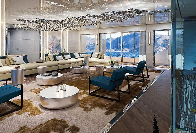 a living room with a large window aboard ICE 68 Yacht for Sale