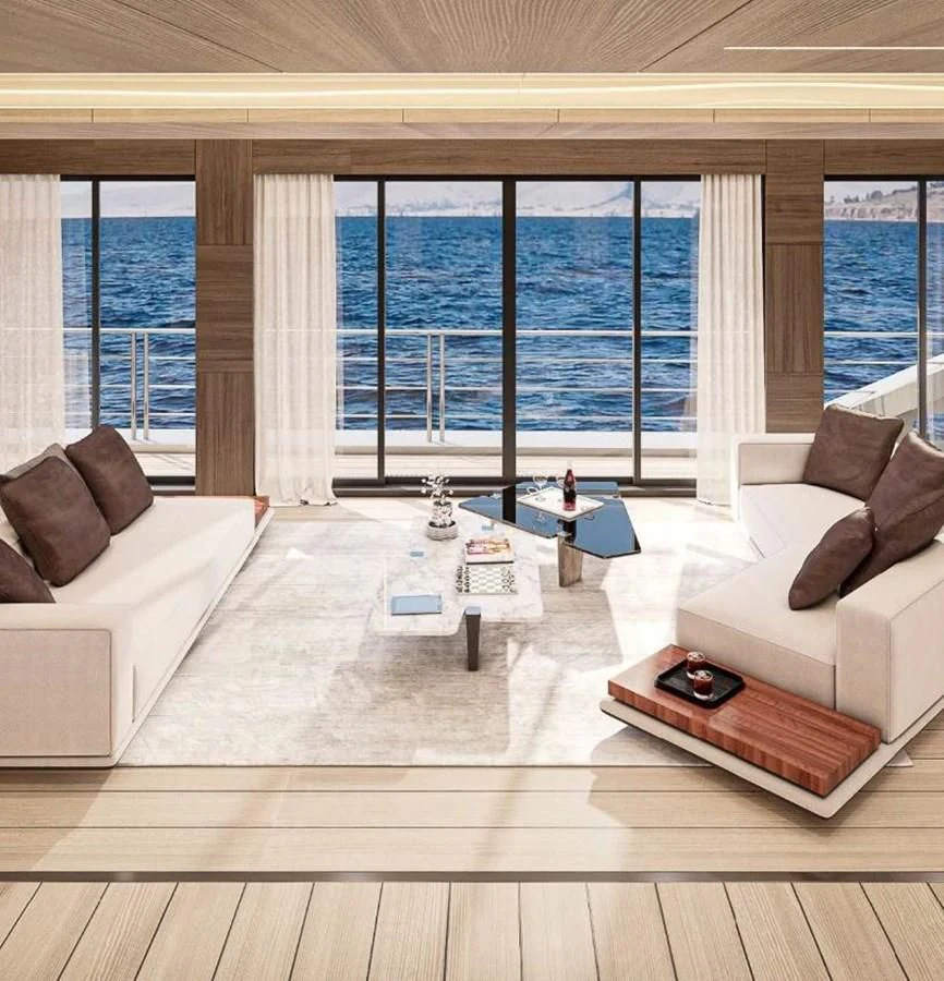 a living room with a large window aboard ICE 68 Yacht for Sale