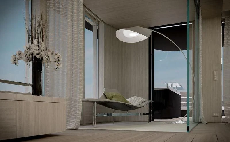 a room with a bed and a fireplace aboard ICE 68 Yacht for Sale