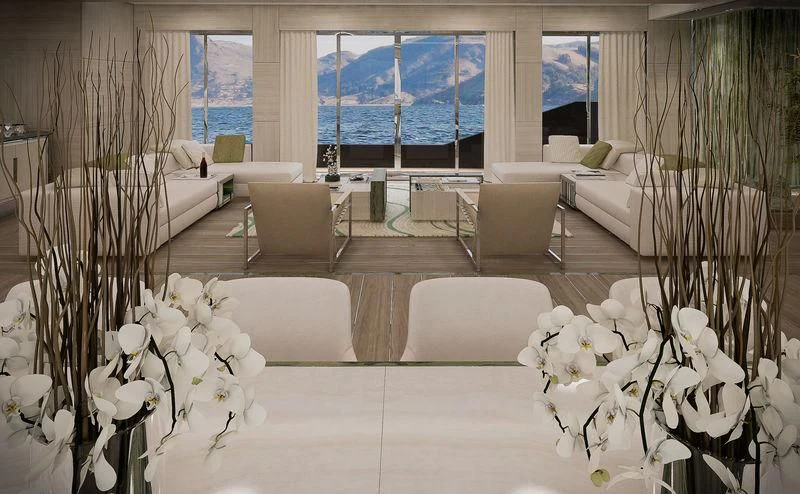 a room with white chairs and white flowers aboard ICE 68 Yacht for Sale