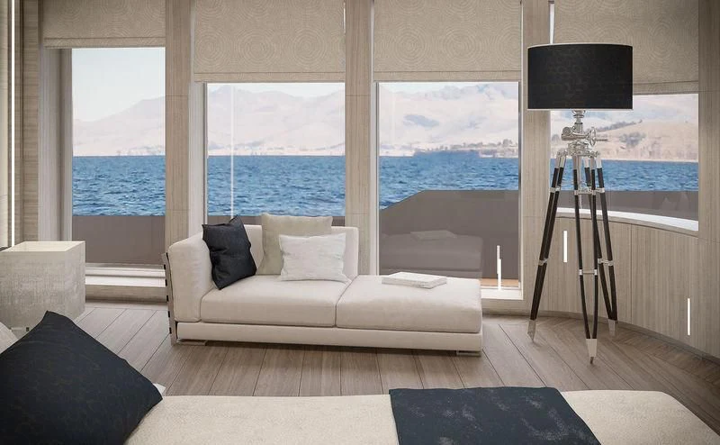 a living room with a large window aboard ICE 68 Yacht for Sale