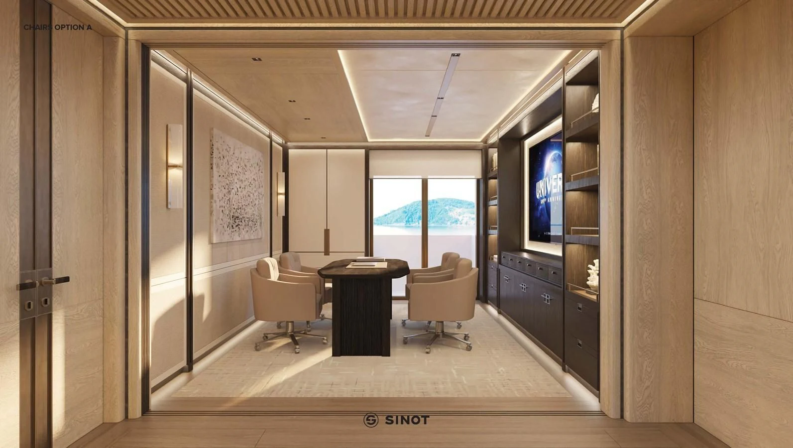 a room with a table and chairs aboard ICE 68 Yacht for Sale