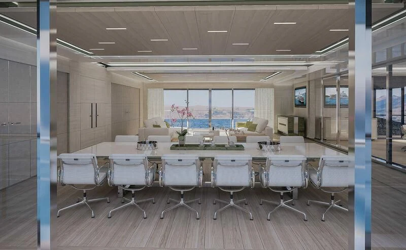 a large room with tables and chairs aboard ICE 68 Yacht for Sale