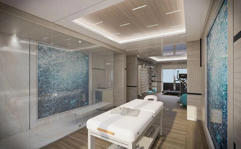a room with a bed and a large window aboard ICE 68 Yacht for Sale