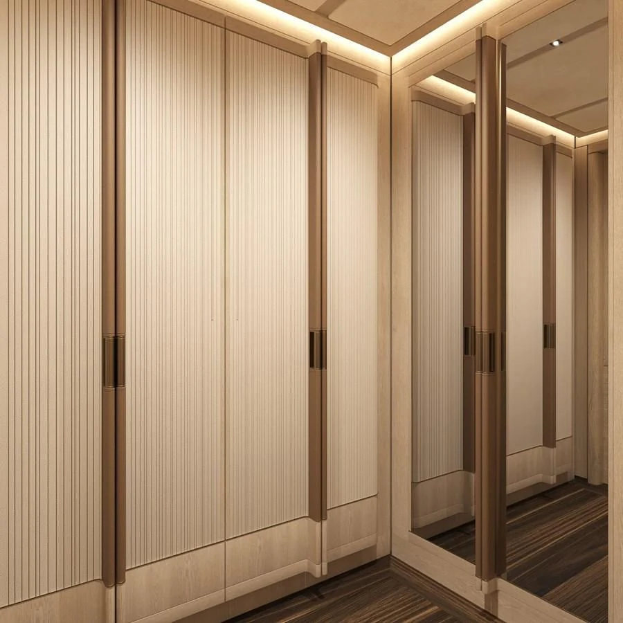 a room with a wood floor and white walls aboard ICE 68 Yacht for Sale