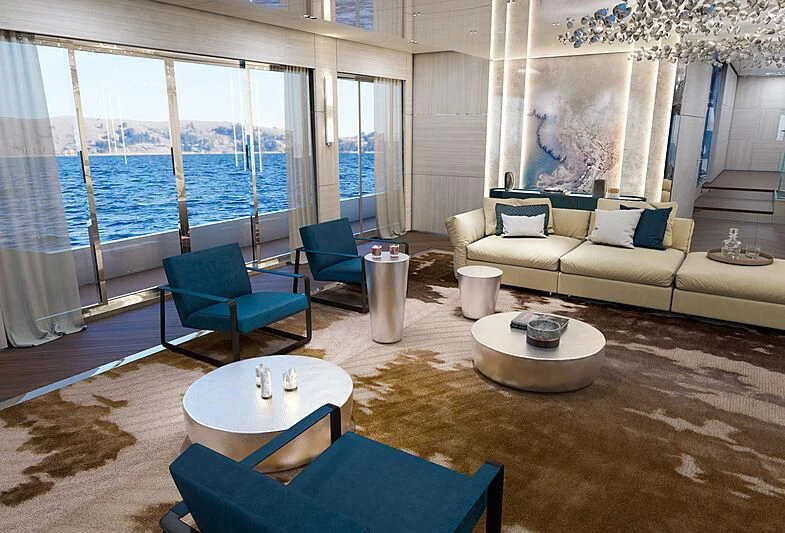 a living room with a large window aboard ICE 68 Yacht for Sale