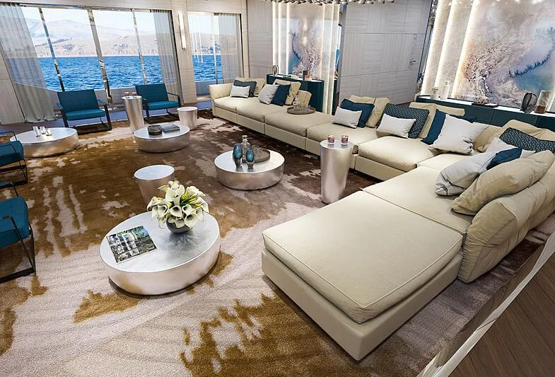 a living room with a large window aboard ICE 68 Yacht for Sale