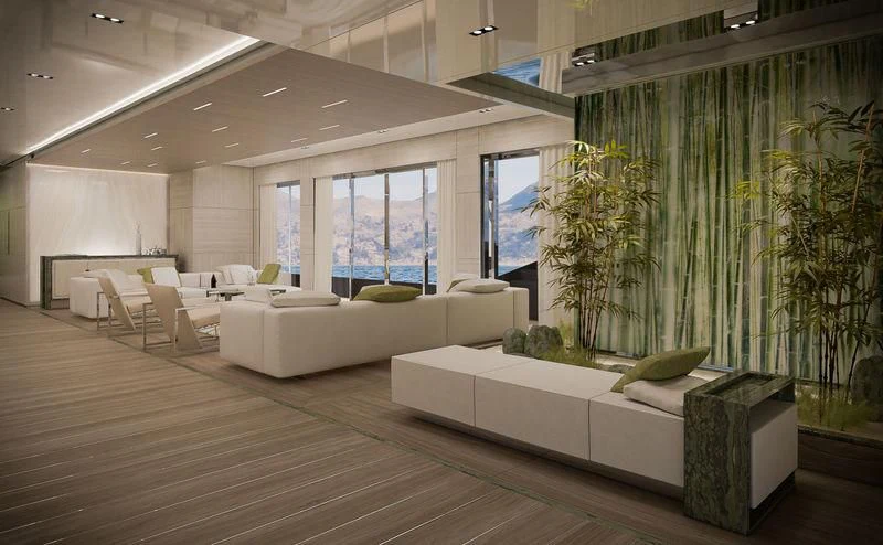 a living room with a couch and a large window aboard ICE 68 Yacht for Sale