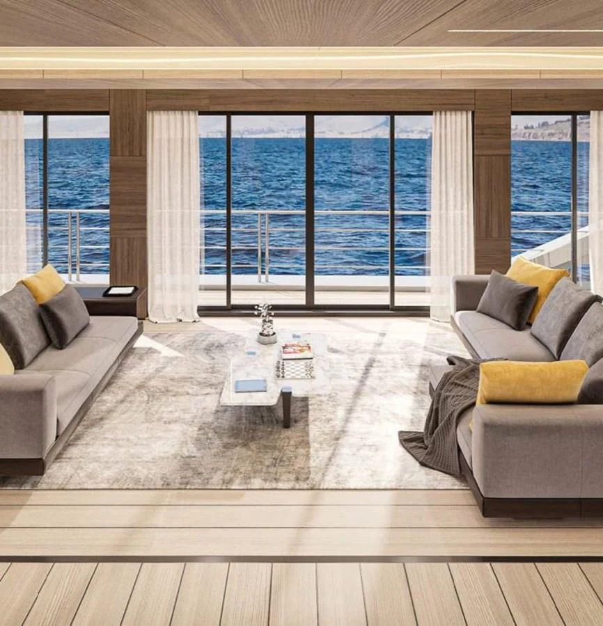 a living room with a large window aboard ICE 68 Yacht for Sale