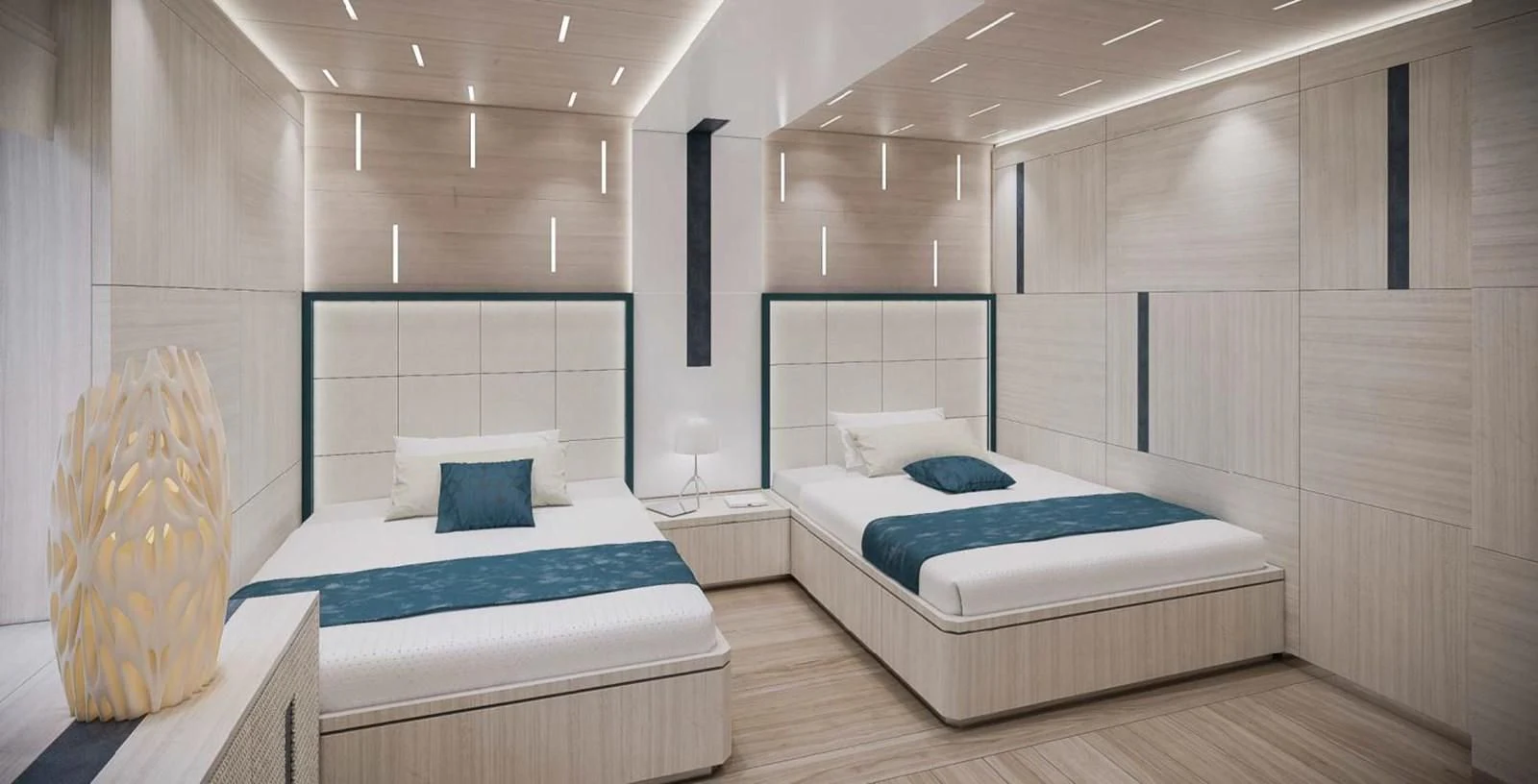 a room with two beds aboard ICE 68 Yacht for Sale