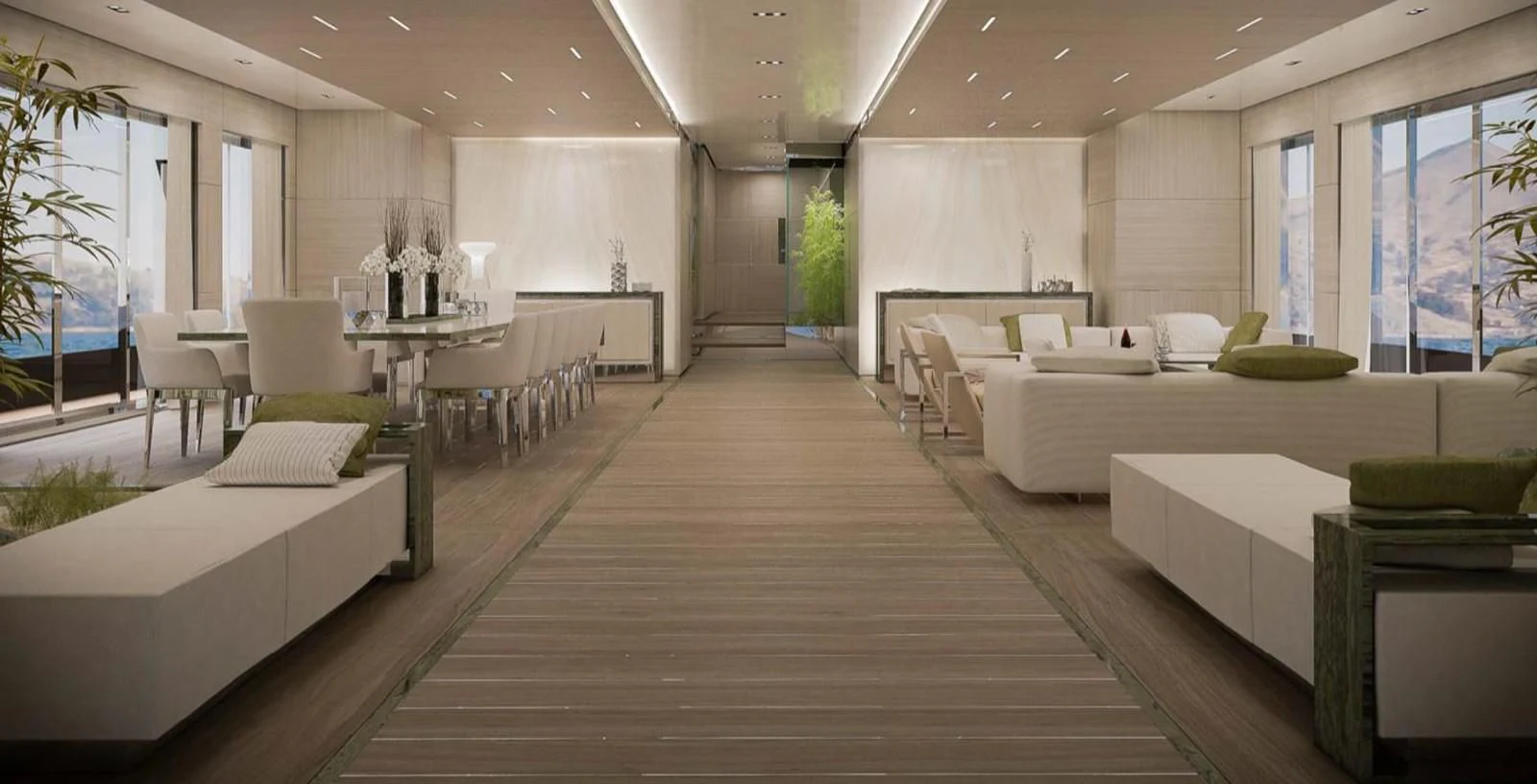 a large room with a long row of white couches and tables aboard ICE 68 Yacht for Sale