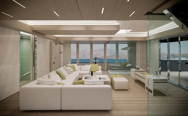 a room with a couch and a table aboard ICE 68 Yacht for Sale