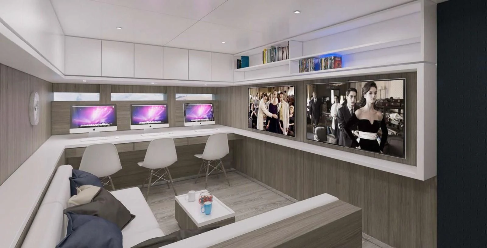 a room with a desk and a television aboard ICE 68 Yacht for Sale