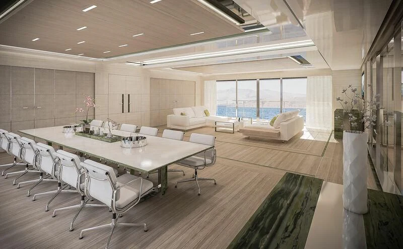 a large room with tables and chairs aboard ICE 68 Yacht for Sale