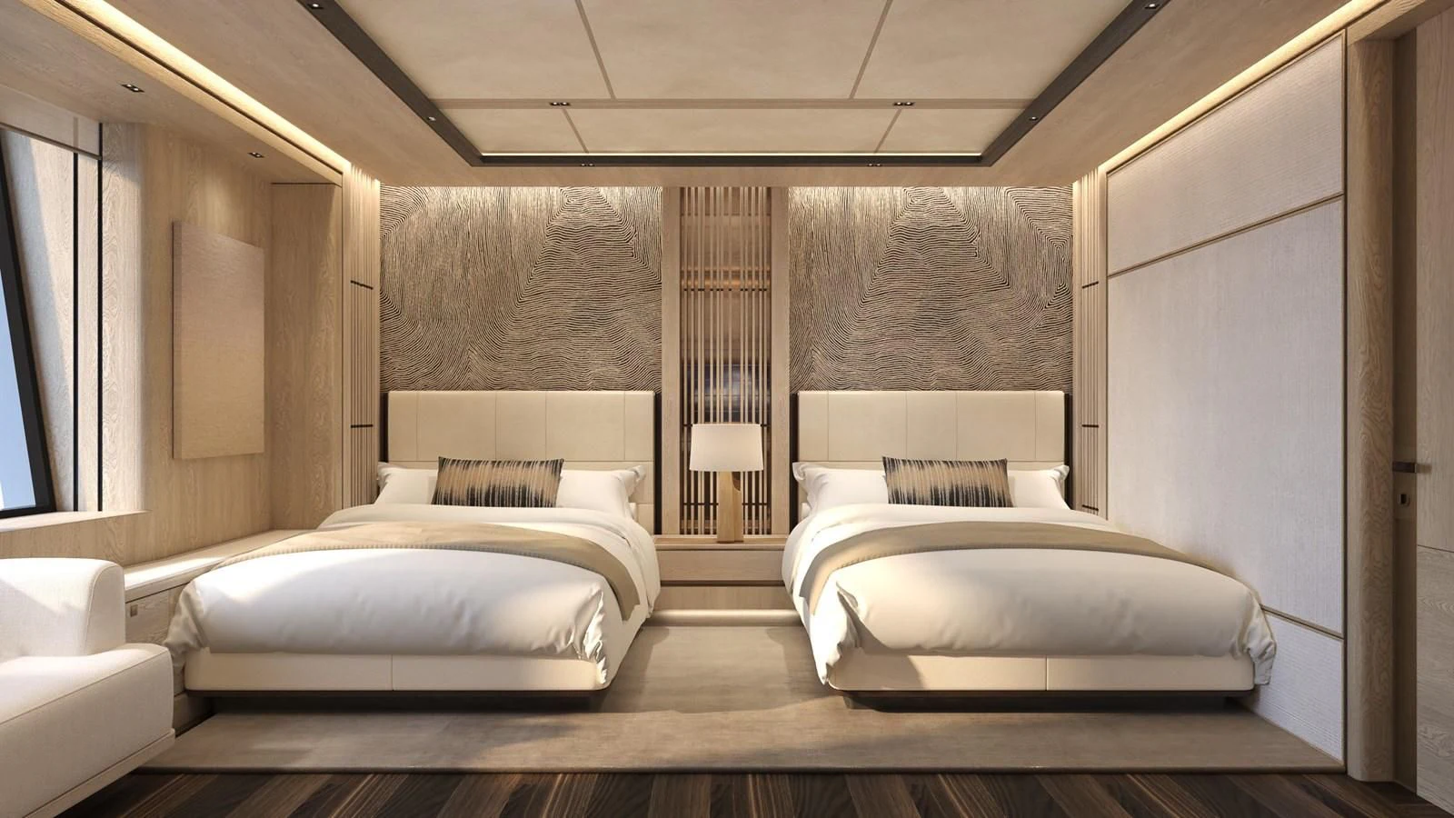 a room with a couple of beds aboard ICE 68 Yacht for Sale