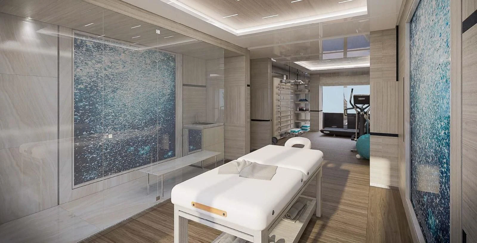 a room with a bed and a large window aboard ICE 68 Yacht for Sale
