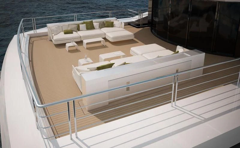 a white bed on a boat aboard ICE 68 Yacht for Sale