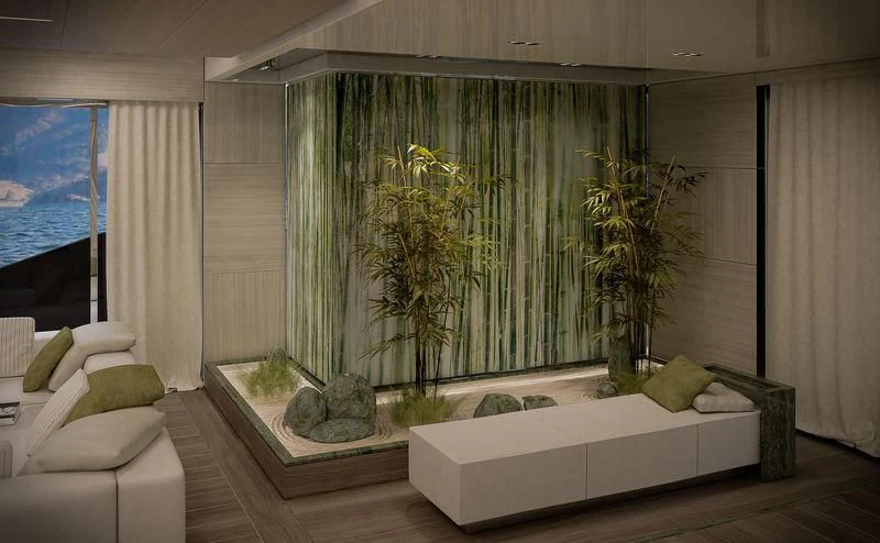a large green curtained window in a room with a white couch and a large plant in it aboard ICE 68 Yacht for Sale