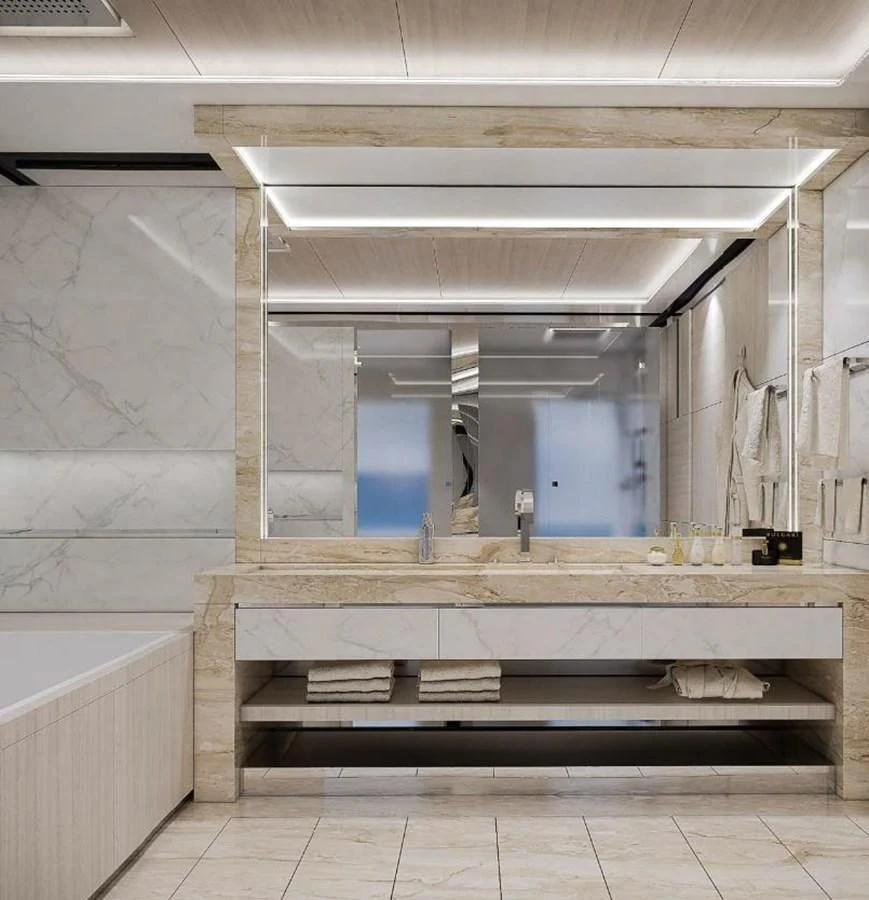 a bathroom with a large mirror aboard ICE 68 Yacht for Sale