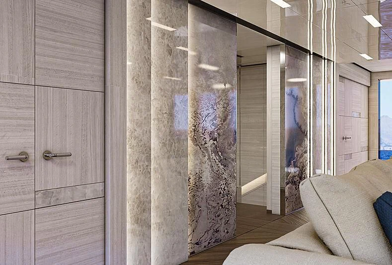 a room with a couch and a mirror aboard ICE 68 Yacht for Sale