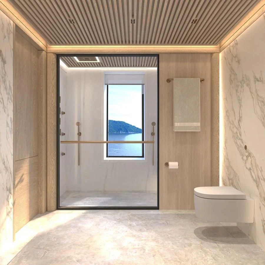 a bathroom with a glass door aboard ICE 68 Yacht for Sale