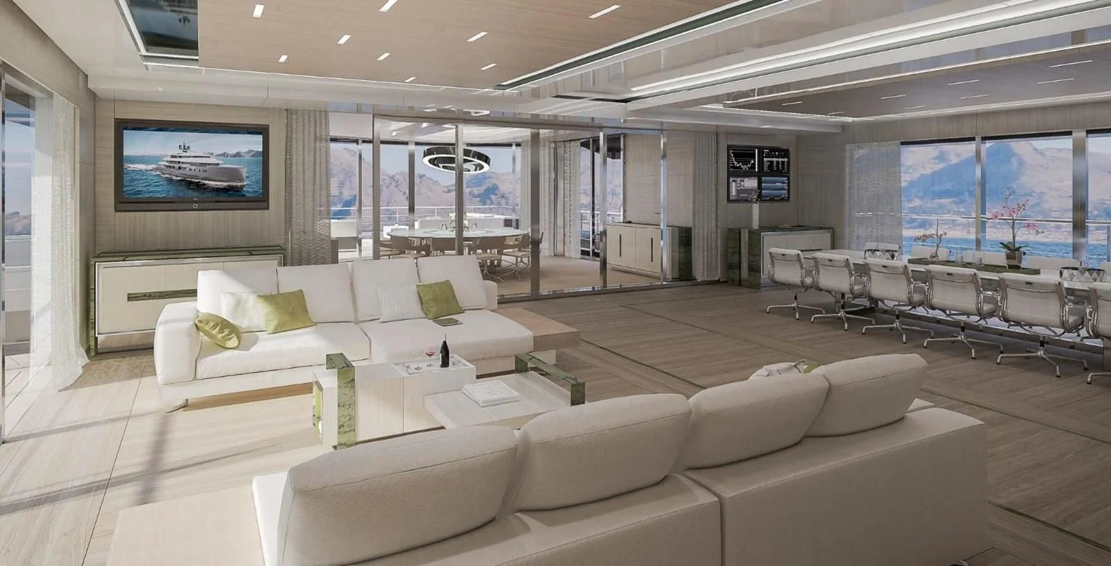 a room with couches and a tv aboard ICE 68 Yacht for Sale