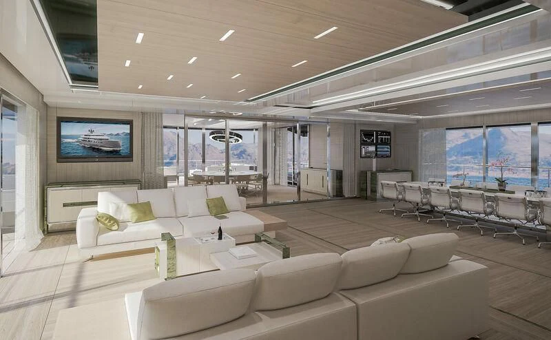 a room with couches and a tv aboard ICE 68 Yacht for Sale
