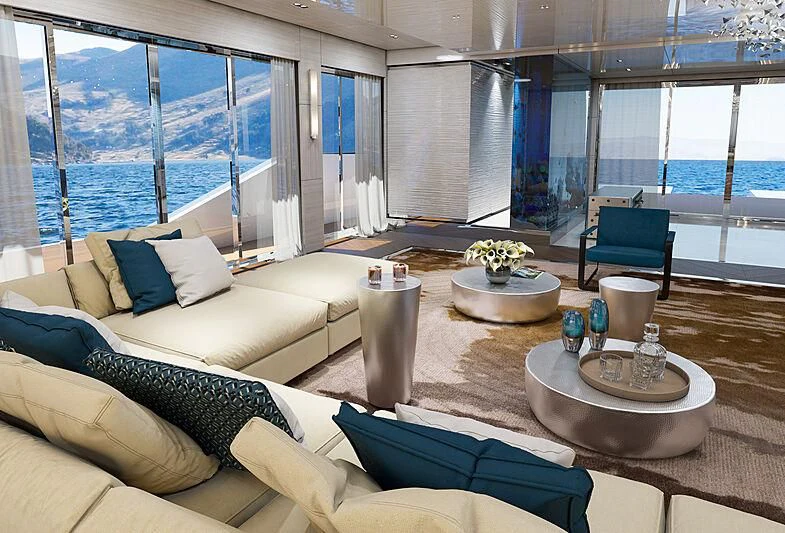 a living room with a large window aboard ICE 68 Yacht for Sale