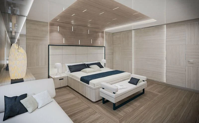 a room with a bed and a desk aboard ICE 68 Yacht for Sale