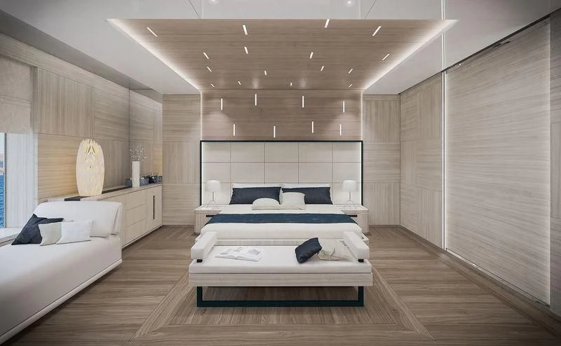 a room with a bed and a couch aboard ICE 68 Yacht for Sale