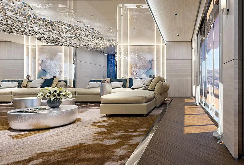 a living room with a large mirror aboard ICE 68 Yacht for Sale