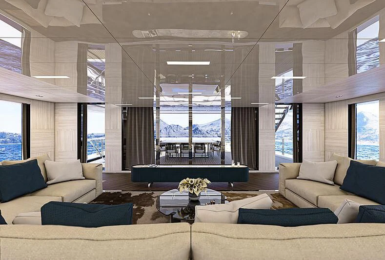a living room with a large window aboard ICE 68 Yacht for Sale