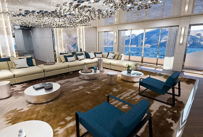 a living room with a large window aboard ICE 68 Yacht for Sale
