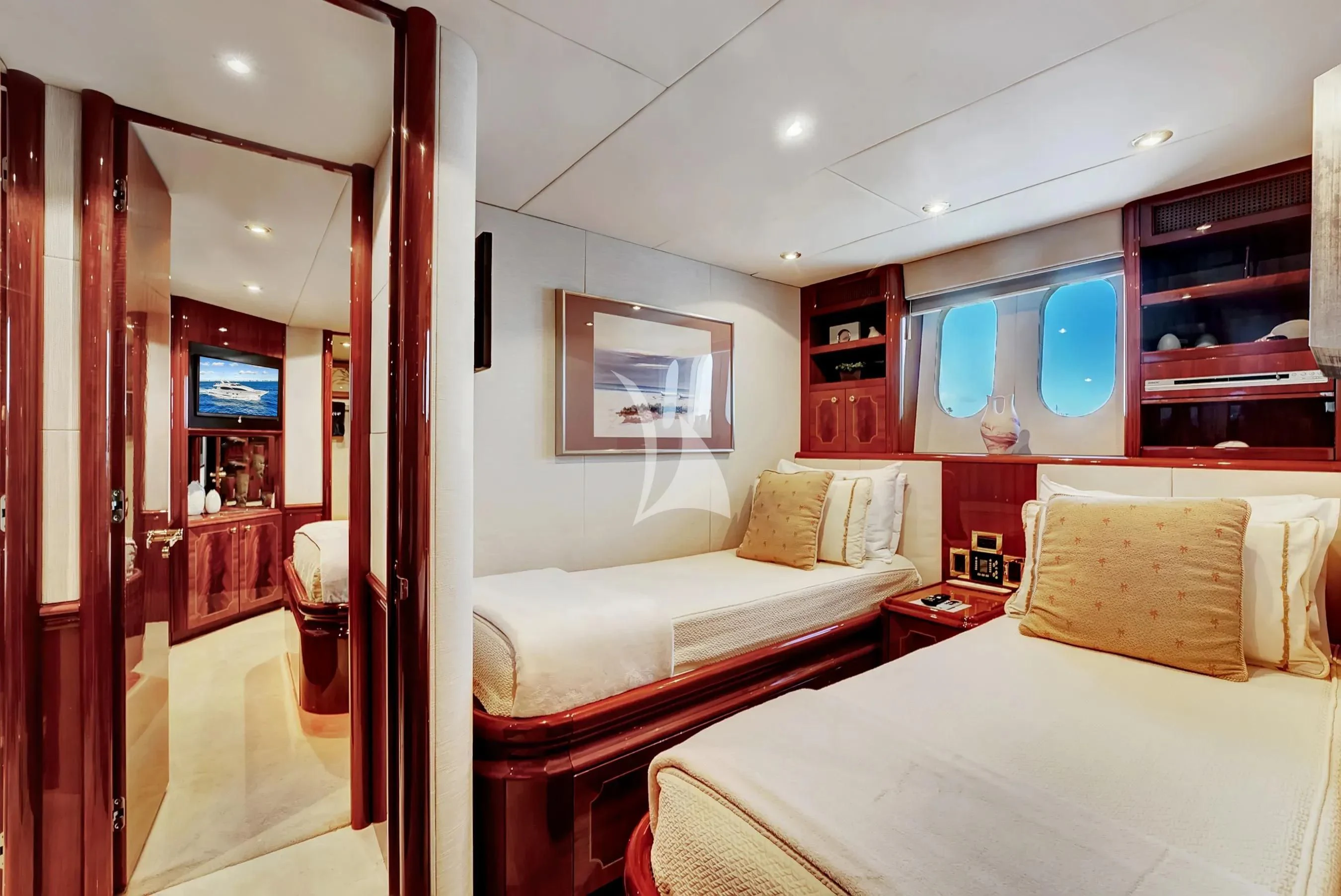 a room with two beds aboard LE REVE Yacht for Sale