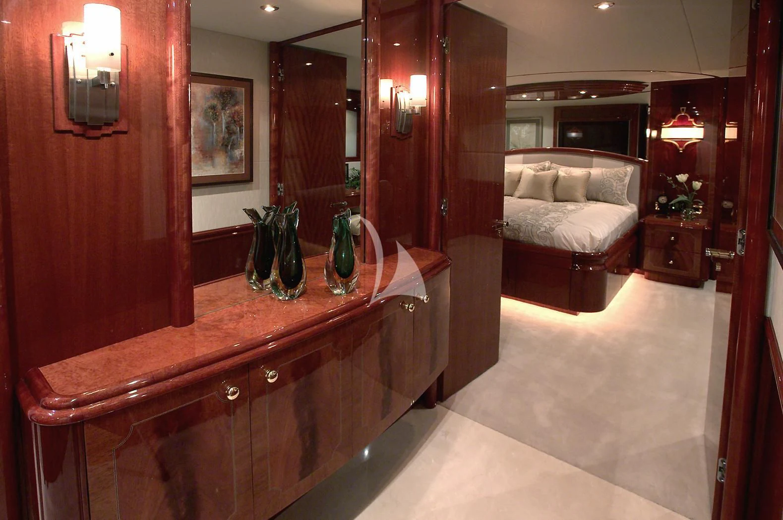 a bathroom with a large mirror aboard LE REVE Yacht for Sale